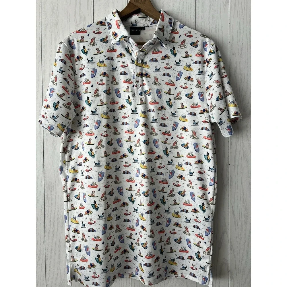 Fore Aces Golf Polo Boogie Board Dogs All Over Print Men's Medium Performance